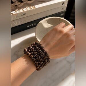 Vintage Handcrafted Brown Wooden Bead Stretch Cuff Bracelet Artisan Craft Boho